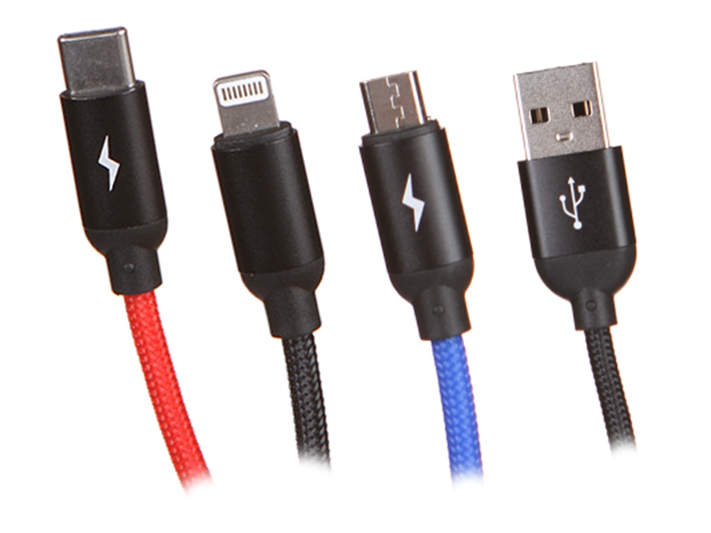 Аксессуар Baseus Three Primary Colors 3-in-1 Cable USB - Lightning / MicroUSB / Type-C 3.5A 30cm Black CAMLT-ASY01 аксессуар samsung ep dg930 microusb usb type c white ep dg930dwegru