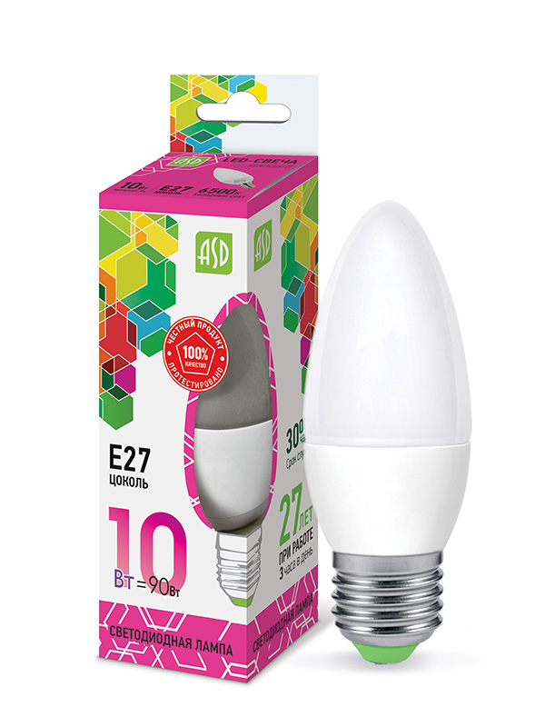 Лампочка ASD LED-Свеча-Standard Е27 10W 230V 6500К 900Lm 4690612015552