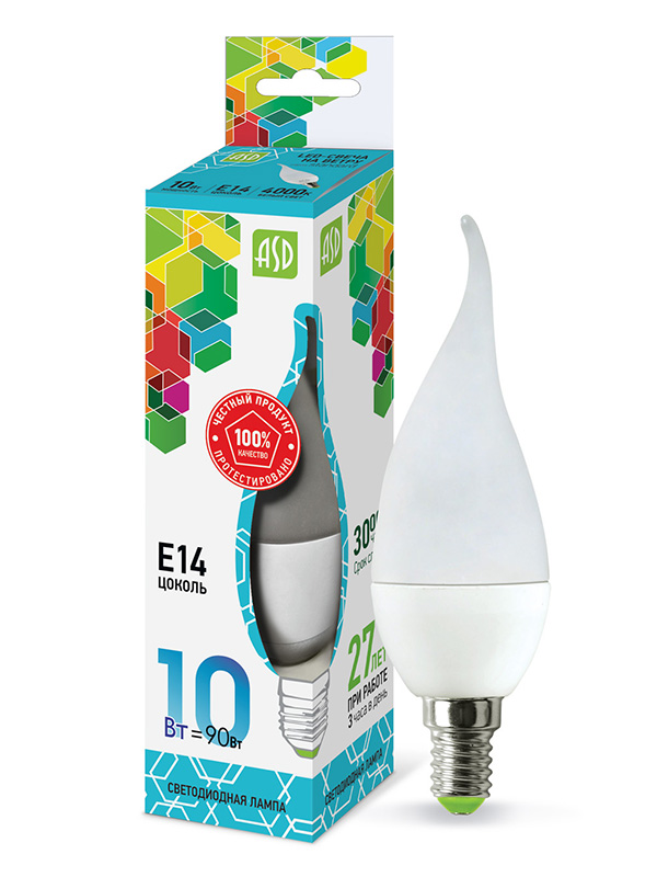 Лампочка ASD LED-Свеча на ветру-Standard Е14 10W 230V 4000К 900Lm 4690612024592