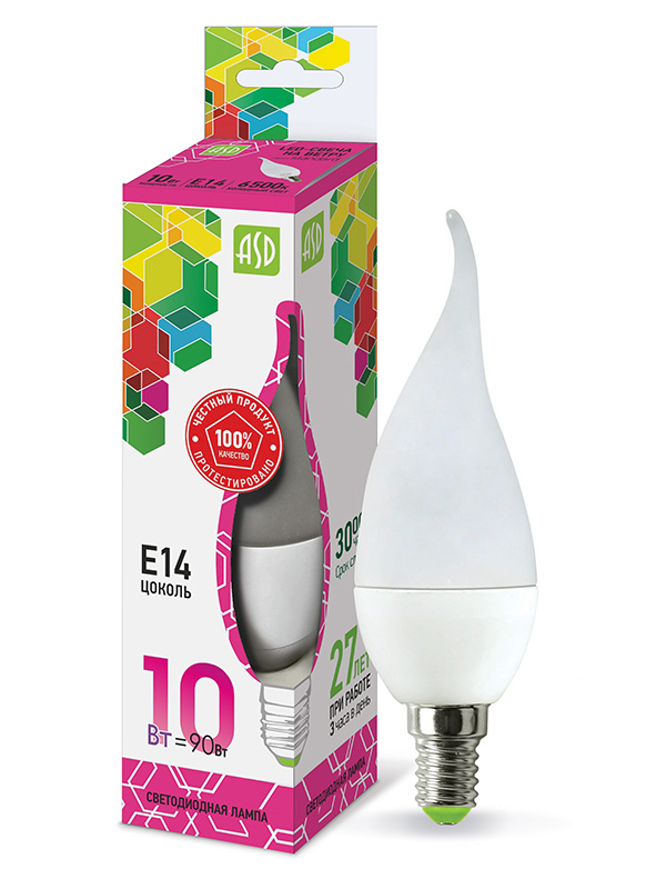 Лампочка ASD LED-Свеча на ветру-Standard Е14 10W 230V 6500К 900Lm 4690612027593