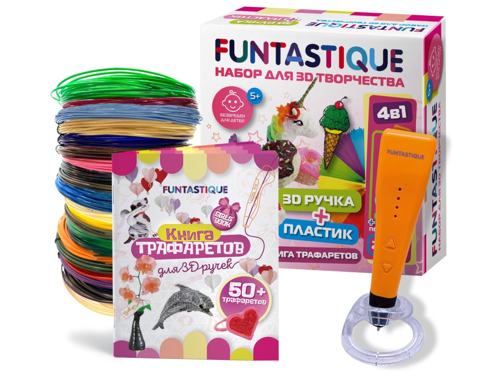 3D ручка Funtastique Cleo с подставкой + PLA-пластик 20 цветов + Книжка с трафаретами, для девочек 4-1-FPN04O-PLA-20-SB-GIRLS