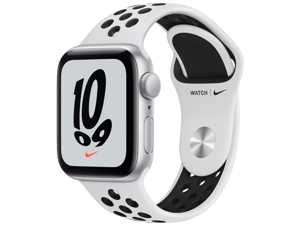 фото Умные часы apple watch se gps 40мм aluminum case with nike sport band, серебристый/чистая платина/черный