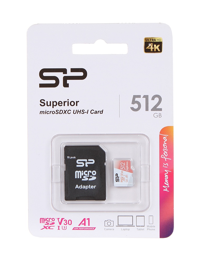   512Gb - Silicon Power Superior A1 MicroSDXC Class 10 UHS-I U3 SP512GBSTXDV3V20SP   SD