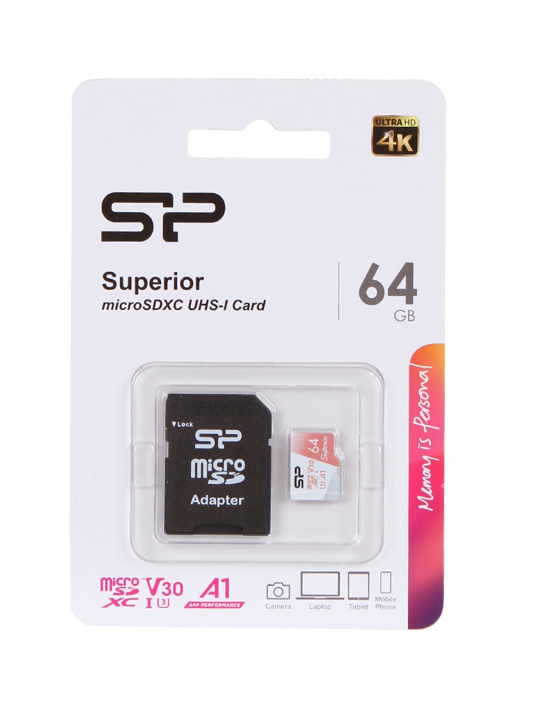   64Gb - Silicon Power Superior A1 MicroSDXC Class 10 UHS-I U3 SP064GBSTXDV3V20SP   SD