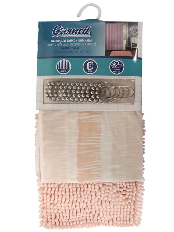 Набор для ванной комнаты Gromell штора с кольцами и коврик Coral 77AS004