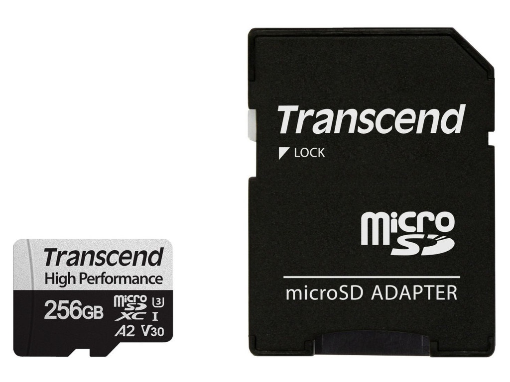 Карта памяти 256Gb - Transcend MicroSDXC 330S Class 10 UHS-I U3 V30 A2 TS256GUSD330S с адаптером SD