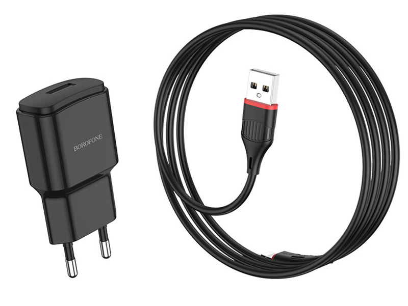 фото Зарядное устройство borofone ba48a orion 1xusb 2.1а + кабель lightning black 6931474728340