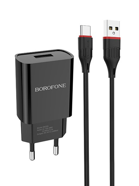 Зарядное устройство Borofone BA20A Sharp 1xUSB 2.1А + кабель Type-C Black 6931474702142 зарядное устройство borofone ba38a plus speedy 1xusb pd20w white