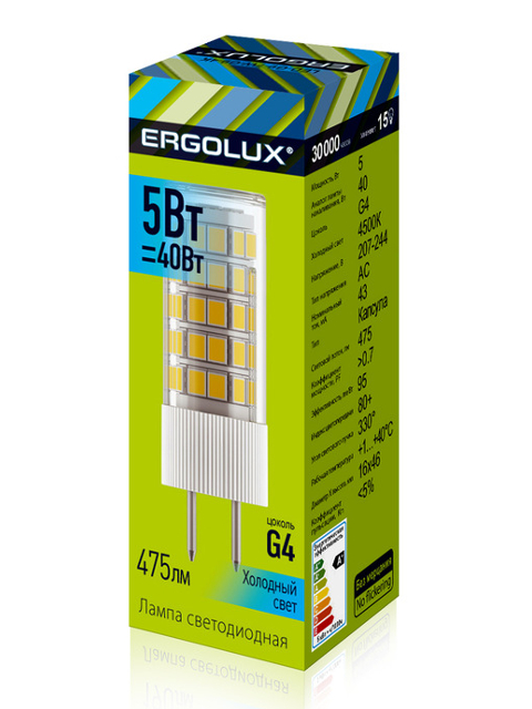 Лампочка Ergolux G4 5W 207-240V 4500K 475Lm LED-JD-5W-G4-4K 14348