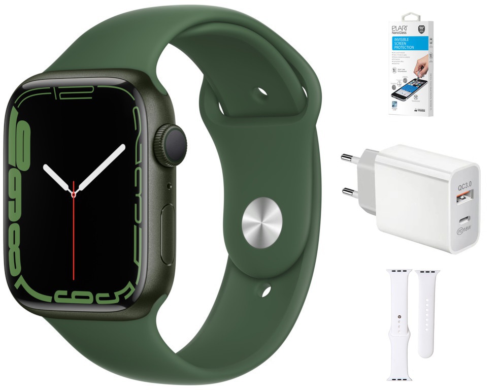 фото Умные часы apple watch series 7 45mm green aluminium case with clover sport band mkn73ru/a выгодный набор + серт. 200р!!!