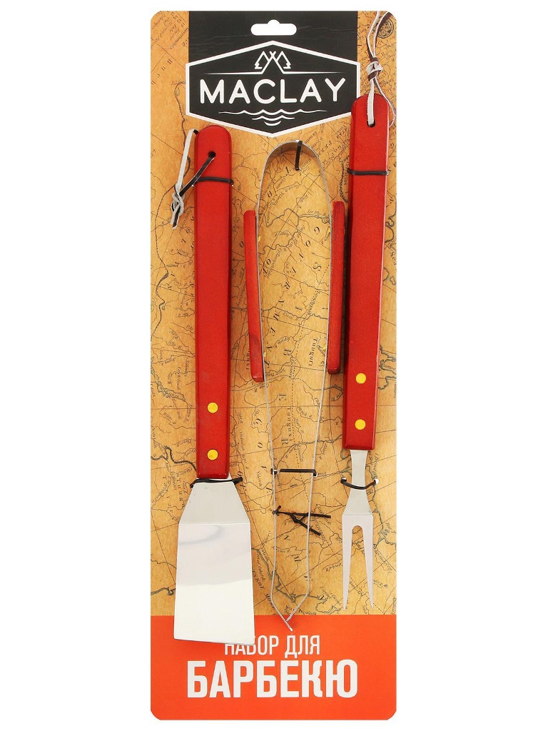 фото Коптильня набор для барбекю maclay лопатка, щипцы, вилка 35cm 134213