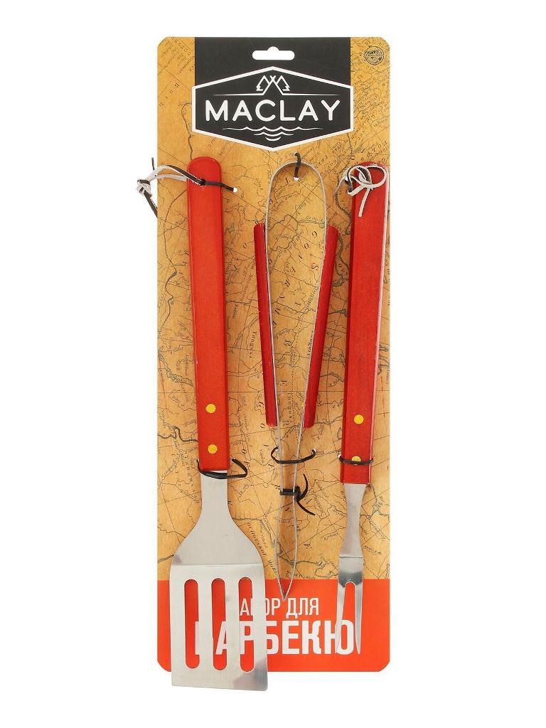 фото Коптильня набор для барбекю maclay лопатка 40cm, вилка 37cm щипцы 134212