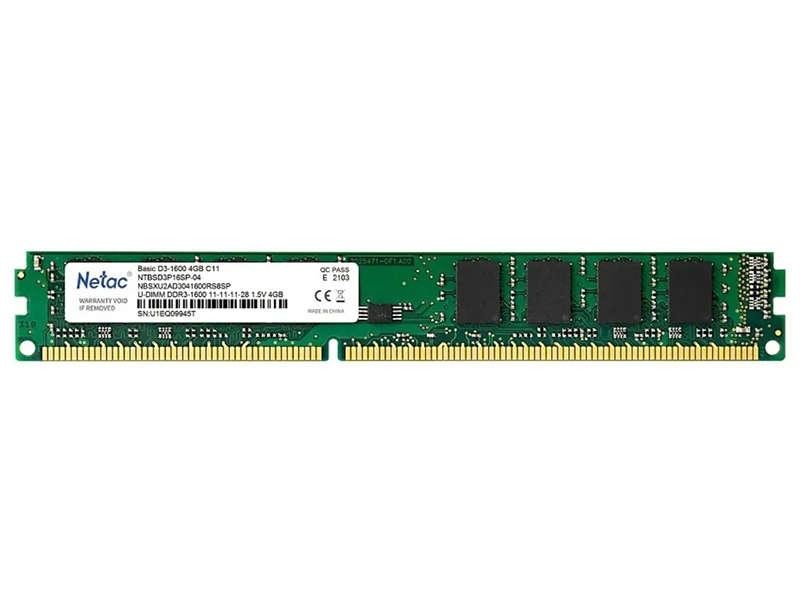 Модуль памяти Netac DDR3 DIMM 1600Mhz PC12800 CL11 - 4Gb NTBSD3P16SP-04 память оперативная ddr3 netac pc12800 4gb 1600mhz ntbsd3p16sp 04