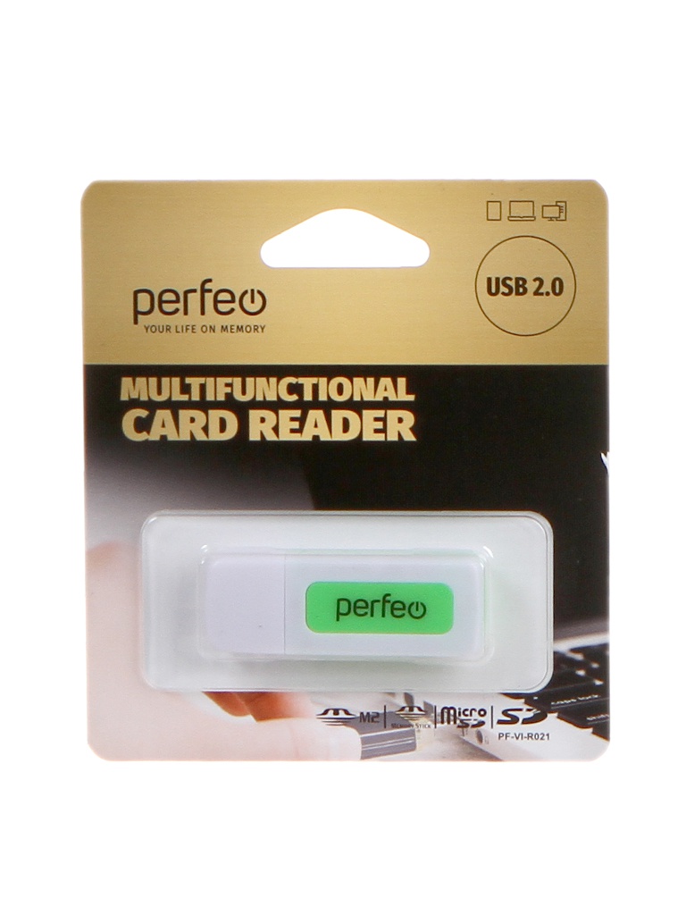 

Карт-ридер Perfeo Card Reader SD/MMC+Micro SD+MS+M2 PF-VI-R021 White-Green PF_С3789, PF_С3789