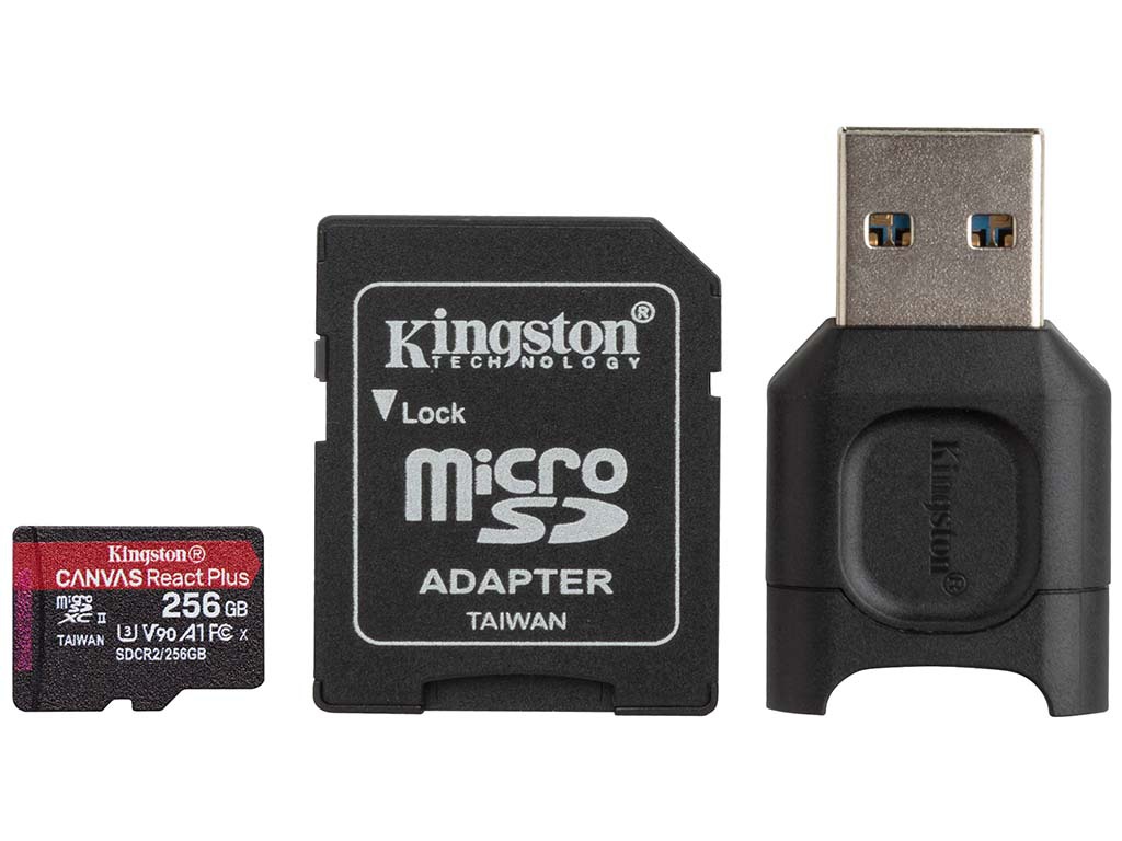 фото Карта памяти 256gb - kingston canvas react plus microsdxc class 10 mlpmr2/256gb с адаптером sd + usb-кардридер