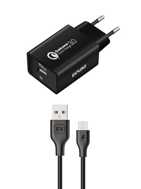 фото Зарядное устройство exployd shaft microusb 2.4a 1хusb 3a 18w qc3.0 black ex-z-1359