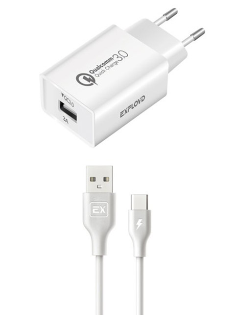 фото Зарядное устройство exployd shaft type-c 2.4a 1хusb 3a 18w qc3.0 white ex-z-1364