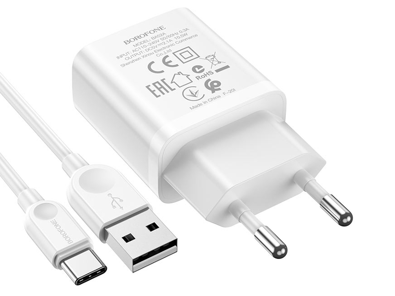 фото Зарядное устройство borofone ba52a gamble 1xusb 2.1а + cable usb type-c 1m white 0l-00049927