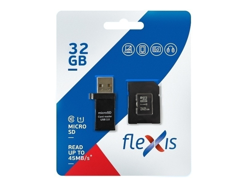 

Карта памяти 32Gb - Flexis Micro Secure Digital HC Cl10 U1 FX32GMSDHCU1 c адаптером и USB картридером, FX32GMSDHCU1