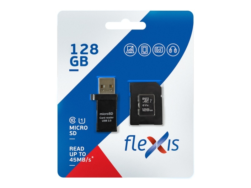 фото Карта памяти 128gb - flexis micro secure digital xc cl10 u1 fx128gmsdxcu1 c адаптером и usb картридером