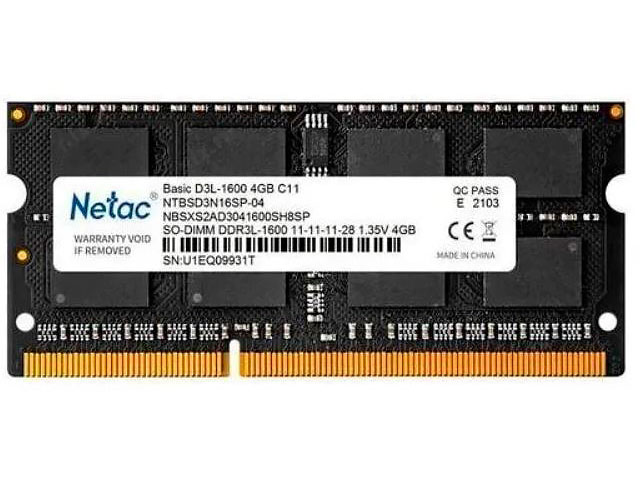 Модуль памяти Netac DDR3L SO-DIMM 1600Mhz PC12800 CL11 - 4Gb NTBSD3N16SP-04 комплект 2 штук модуль памяти netac so dimm ddr3l dimm 4gb 1600mhz cl11 ntbsd3n16sp 04
