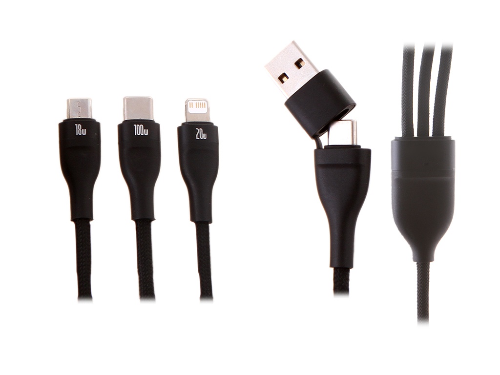 Аксессуар Baseus Flash Series II Two-for-three Charging Cable U+C to M+L+C 100W 1.2m Black CASS030101
