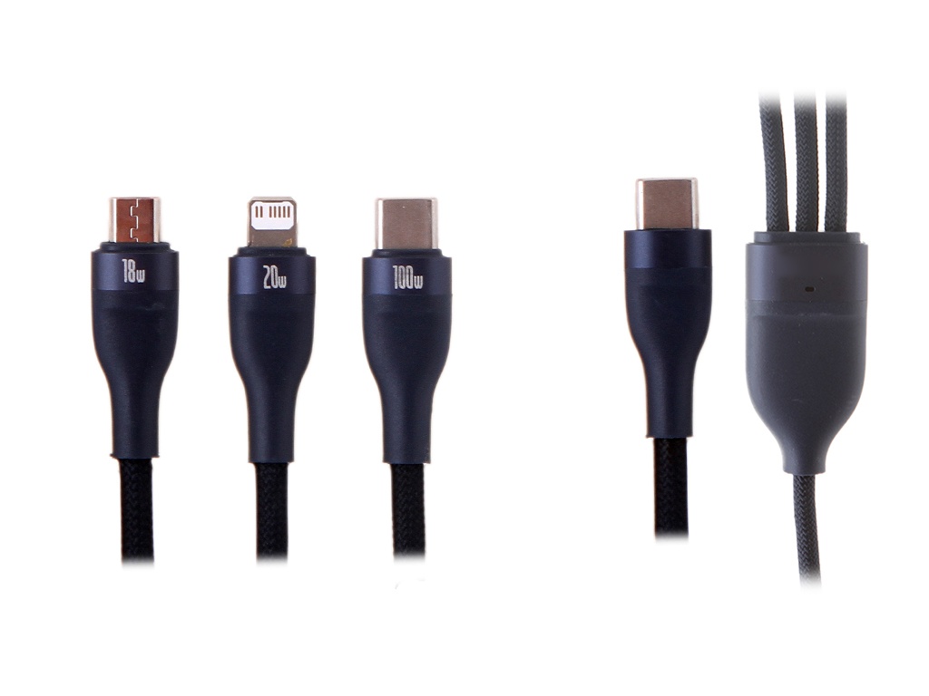 

Аксессуар Baseus Flash Series II One-for-three Fast Charging Cable Type-C to M+L+C 100W 1.5m Blue CASS030203, CASS030203