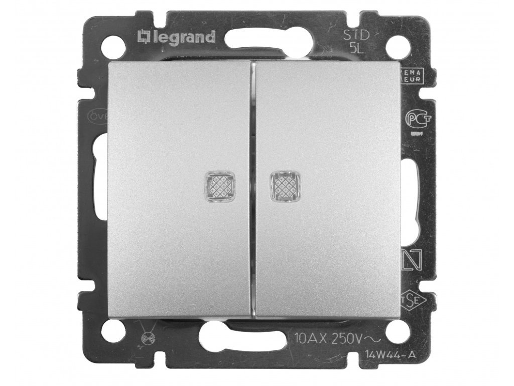 

Выключатель Legrand Valena двухклавишный с подсветкой Aluminum 770128, Valena 770128