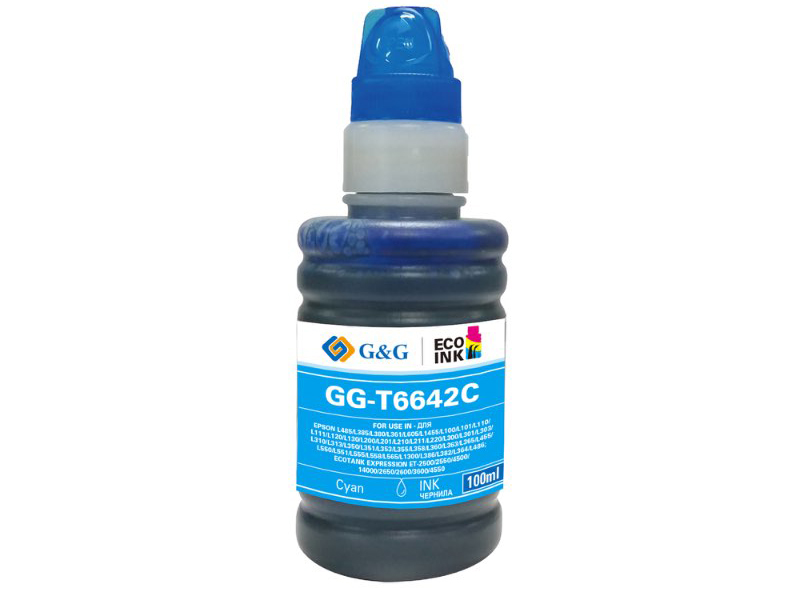 Чернила G&G GG-C13T66424A (схожий с Epson T6642C) Cyan для Epson L100/110/120/121/132/1300 чернила cactus c13t66424a для l100 голубой 100 мл ept6642