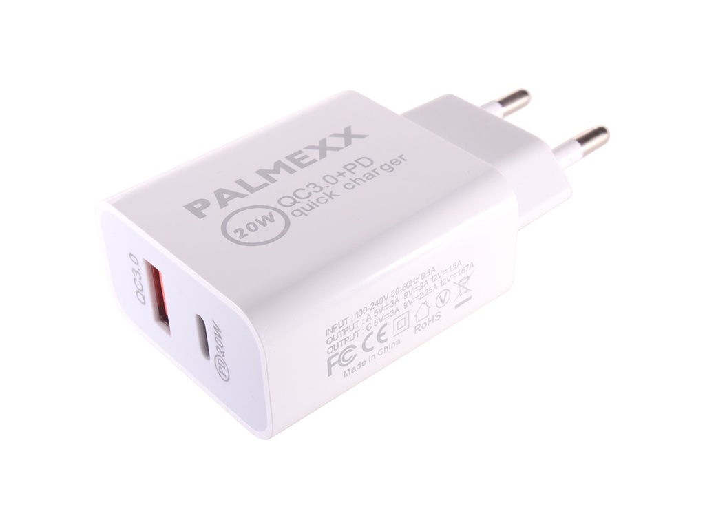 

Зарядное устройство Palmexx USB QC3.0 + USB-C 20W 5V-3A/9V-2.25A/12V-1.67A PX/PA-QC30-PD-20W, PX/PA-QC30-PD-20W