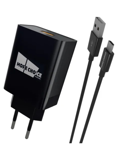 фото Зарядное устройство more choice nc52qcm 1xusb 3.0a qc3.0 + кабель microusb black 4627151195261
