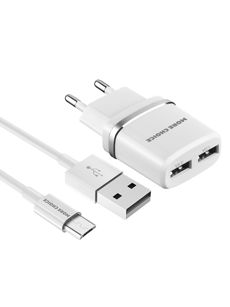 фото Зарядное устройство more choice nc22m 2xusb 2.4a + кабель microusb white 4627151190143