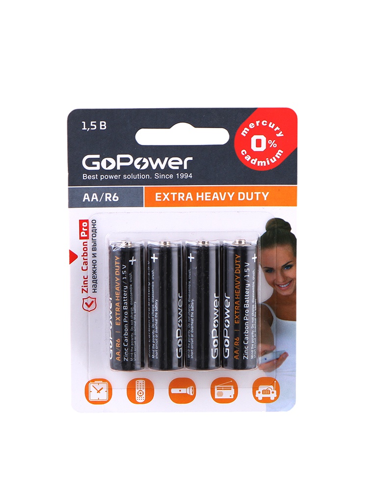 

Батарейка AA - GoPower Heavy Duty R6-4BL 4шт 00-00015594, 00-00015594