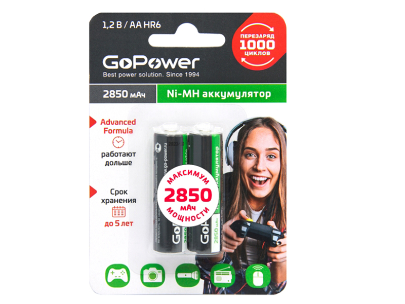 

Аккумулятор АА - GoPower HR6-2BL 2850mAh Ni-Mh 2шт 00-00015318, 00-00015318