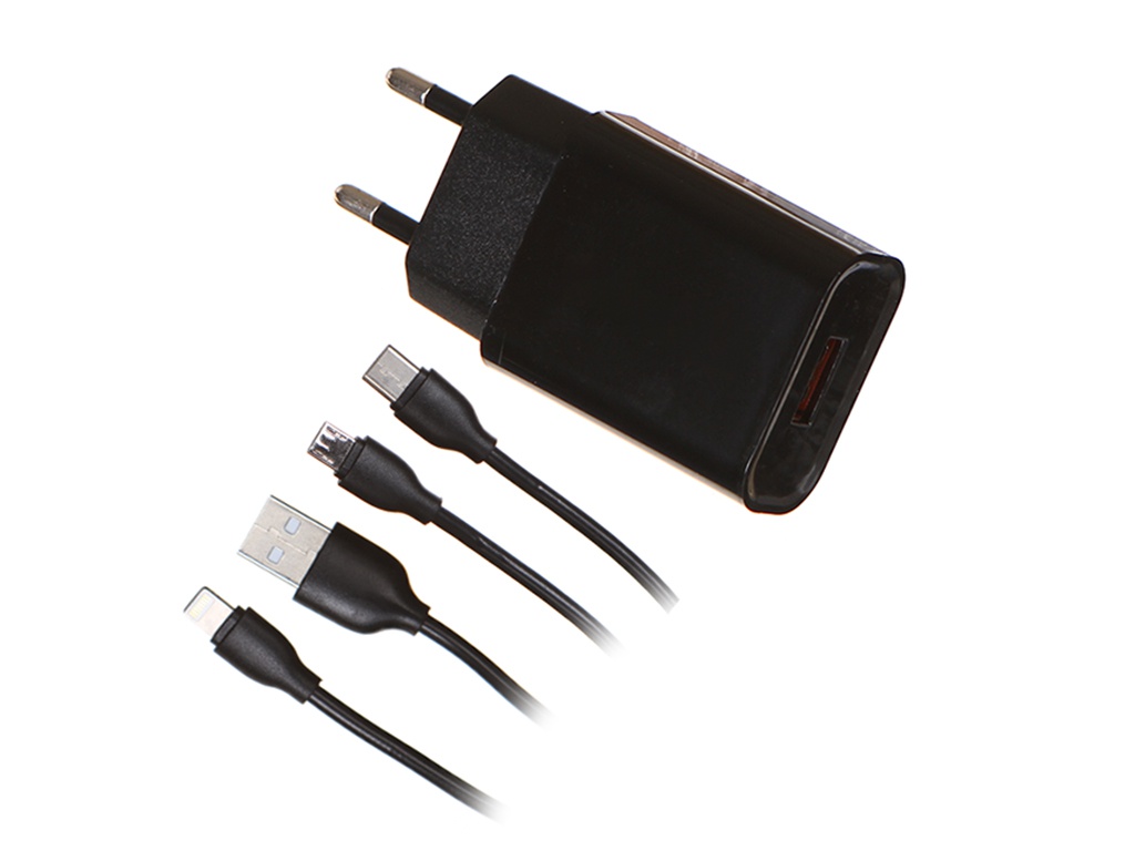 

Зарядное устройство Red Line NQC1-3A Tech USB QC 3.0 + кабель USB/MicroUSB/Lightning/Type-C Black УТ000032803, NQC1-3A