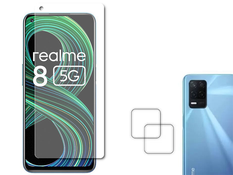 

Гибридное защитное стекло Krutoff для Realme 8 5G + защита камеры 2шт 270532, Realme 8 5G