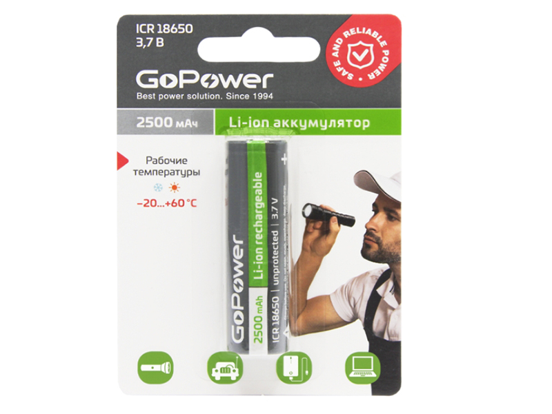 

Аккумулятор GoPower Li-ion 18650 BL1 3.7V 2500mAh без защиты выс.конт. 00-00018355, 00-00018355
