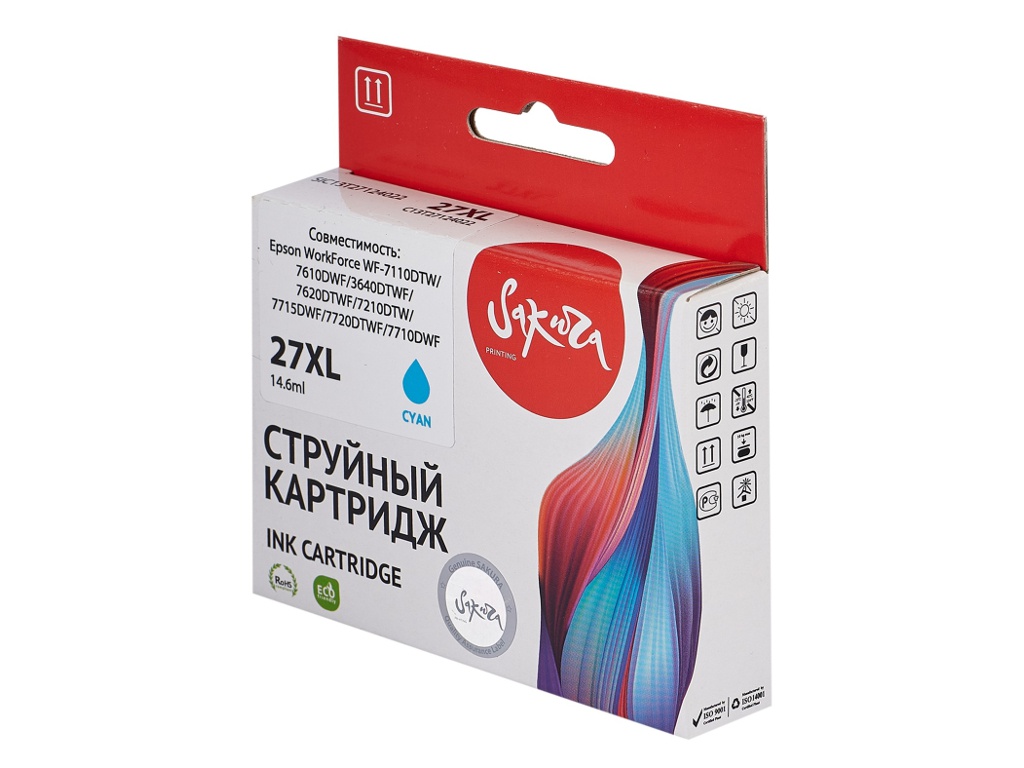 Картридж Sakura SIC13T27124022 (схожий с Epson C13T27124022) 27XL Cyan для Epson WorkForce WF-7110DTW/7610DWF/3640DTWF/7620DTWF/7210DTW/7715DWF/7720DTWF/7710DWF