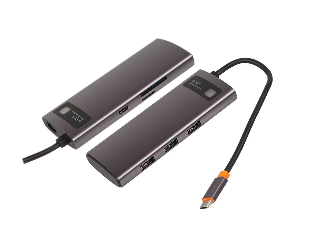 

Хаб USB Baseus Metal Gleam Series 6-in-1 Type-C - 3xUSB3.0+ HDMI+PD+RJ45 Grey WKWG030213, WKWG030213