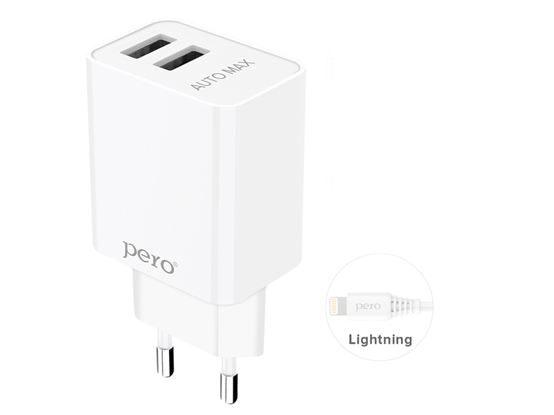 фото Зарядное устройство pero tc02 2xusb 2.1a + кабель lightning white tc02w2al