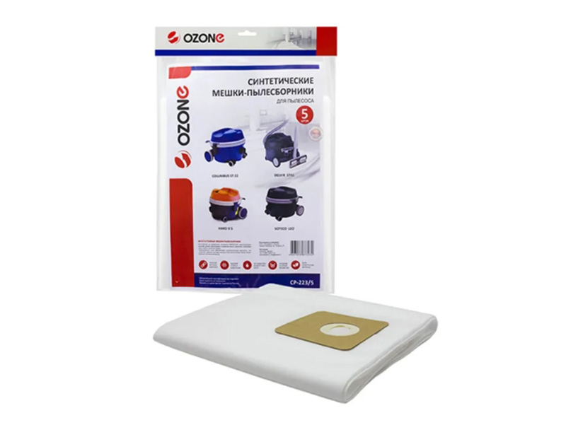 

Мешки-пылесборники Ozone CP-223/5 5шт для Columbus ST 22/Delvir Still/Hako/Supervac D 5/Soteco/Tornado Yvo Wet, CP-223/5