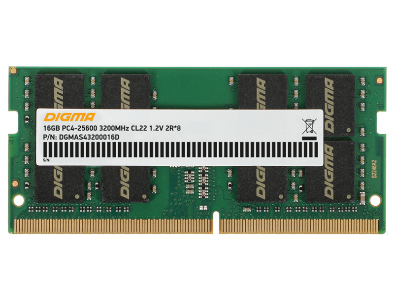 Модуль памяти Digma DDR4 SO-DIMM 3200Mhz PC4-25600 CL22 - 16Gb DGMAS43200016D модуль памяти so dimm ddr 4 dimm 16gb 3200mhz ocpc vs msv16gd432c22s cl22