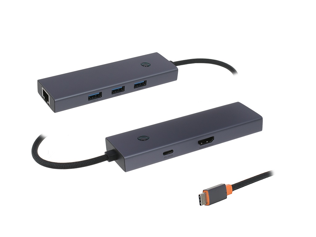 Хаб USB Baseus OS Flite Series 6-Port Type-C - HDMI + 3xUSB 3.0+PD+RJ45 Space Grey B00052807813-00 хаб usb baseus metal gleam series 6 in 1 type c 3xusb3 0 hdmi pd vga grey wkwg030013