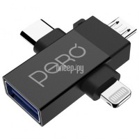 Фото Pero AD14 OTG USB 3.0 - Lightning + USB-C + MicroUSB Black PRAD14BL