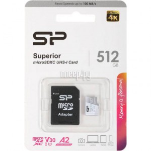 Фото 512Gb - Silicon Power Superior MicroSDXC Class 10 UHS-I U3 SP512GBSTXDA2V20SP с адаптером SD