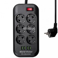 Фото Сетевой фильтр World Vision 6 Sockets + 4 USB 2m Black PS-26U434