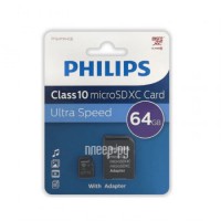 Фото 64Gb - Philips Micro Secure Digital XC Class 10 FM64MA45B/97 с переходником под SD