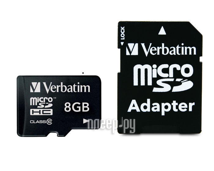 Карта памяти 8Gb - Verbatim - Micro Secure Digital HC Class 10 44081 с переходником под SD (Оригинальная!)