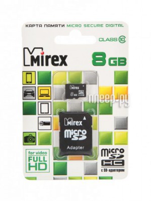 Фото 8Gb - Mirex - Micro Secure Digital HC Class 10 13613-AD10SD08 с переходником под SD (Оригинальная!)