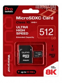 Фото 512Gb - Qumo Pro Seria Micro Secure Digital XC Class 10 UHS-I U3 QM512GMICSDXC10U3 с переходником под SD (Оригинальная!)